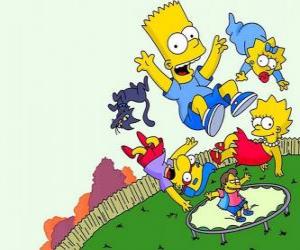 Puzzle Οι αδελφοί Simpson με τους φίλους Milhouse και Nelson το τραμπολίνο